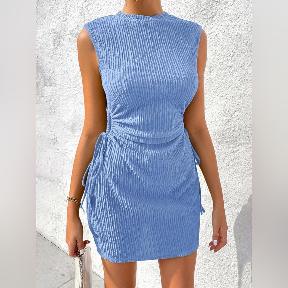 Blue ruched bodycon mini dress